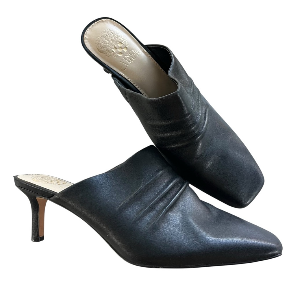 Vince Camuto Women 8 Black Leather Square Toe Kitten Heel Ovina Mule Chic Preppy